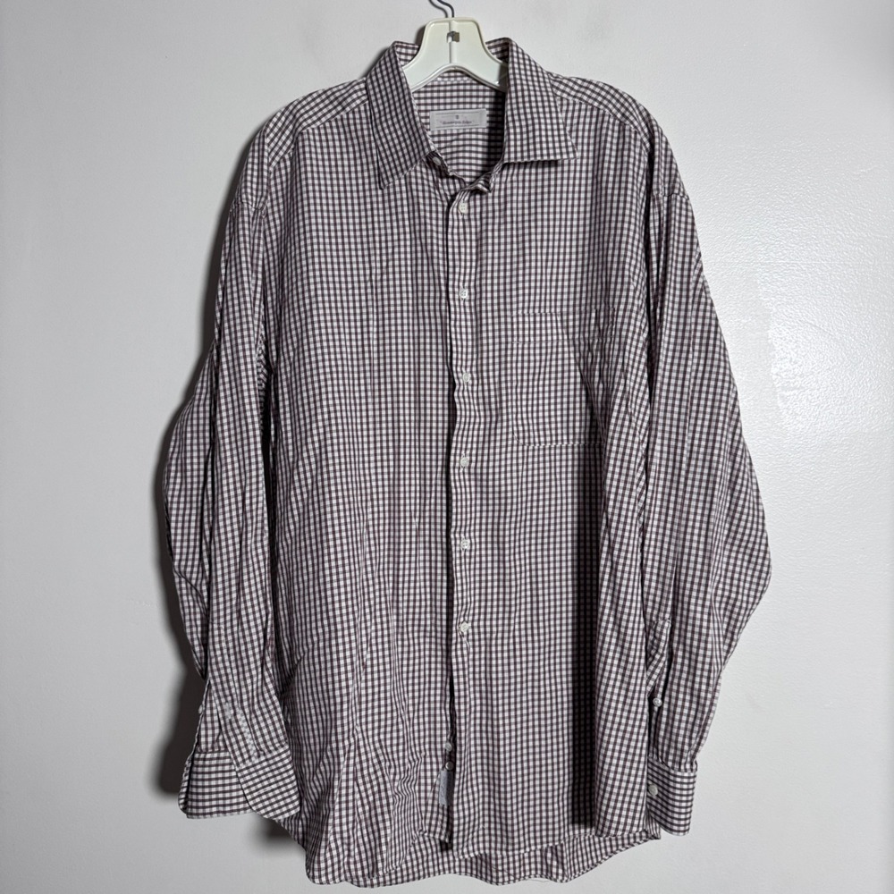 Ermenegildo Zegna Button Down Shirt Mens 17 Brown Check Long Sleeve Cotton Italy